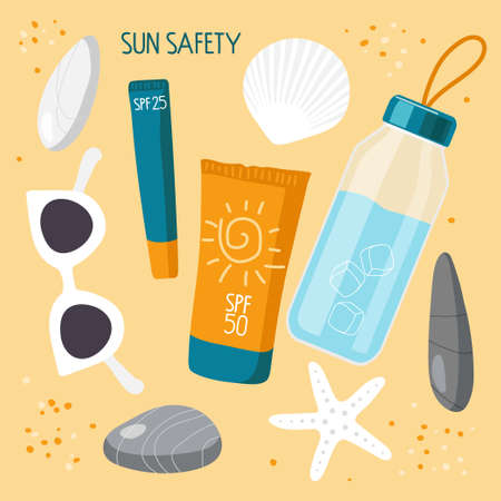 On sand are sea stones, shells and everything necessary for health on beach. Sun safety collection....