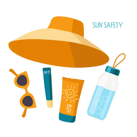 Sun safety. Things necessary on beach for health. Sunscreen cosmetics, water bottle, sunglasses,...