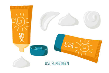 Sunscreen cosmetics. SPF cream blocks the suns rays. Open and closed containers of sunburn cosmetic and cream swatching. Product for Summer Protection set. Sun safety Cartoon vector illustrationのイラスト素材