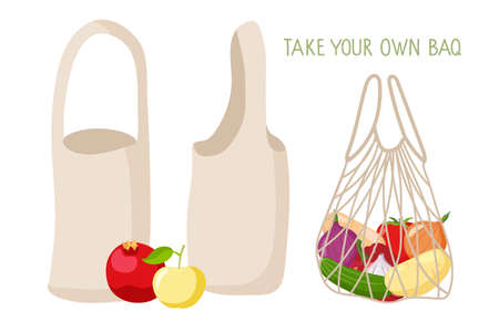 Take your own bag. Eco bag set. Canvas shoppers and string bag with vegetables. Ecological fabric package. No plastic. Environmentally responsible behavior. Isolated on white flat illustration.のイラスト素材