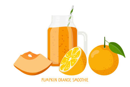 Pumpkin orange smoothie. Autumn seasonal products. Piece of Pumpkin, orange fruit, smoothie mug with orange liquid. Food and drinks isolated. For menu for healthy eating. Fresh energetic drink.のイラスト素材