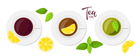 Tea time text. Three cups of tea, black, with lemon, green with mint. Design for party invitation, card, teashops, banner, tea label, tea company, cafe or restaurant advertising, home decorのイラスト素材