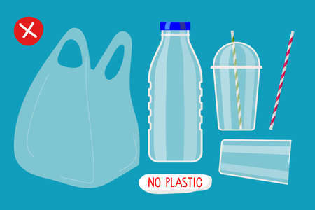 No plastic. Various plastic products, bottle, plastic cup, bag, straw. Environmentally responsible behavior. Motivational Isolated flat illustration. Harm to nature. Design for banner, poster, webのイラスト素材