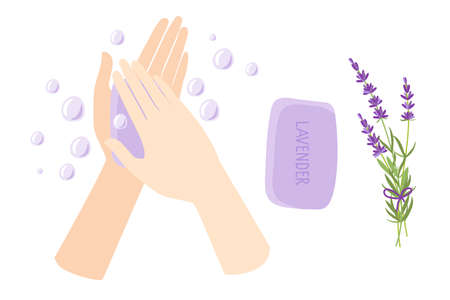 Lavender soap. Two human hands hold soap, bar of soap, lavender bouquet with ribbon. Vector flat grass lavender Illustration. Healing and cosmetics herb. Medical plant. For natural organic productsのイラスト素材
