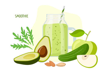 Avocado, apple, cucumber smoothie. Vegetables and fruit, Glass smoothie mug with green liquid. Food and drinks isolated. For menu for healthy eating. Fresh energetic drink. Green smoothie recipe.のイラスト素材