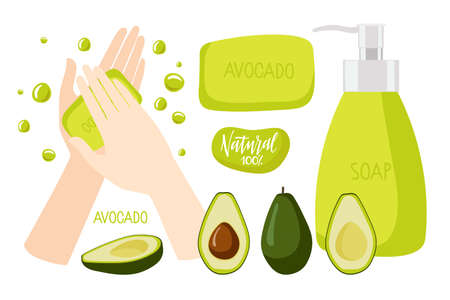 Avocado soap. Two human hands used soap, bar of soap, bottle with liquid soap, avocado fruit, Natural inscription. Vector flat Illustration for natural organic product shop, aroma therapy, cosmetic.のイラスト素材