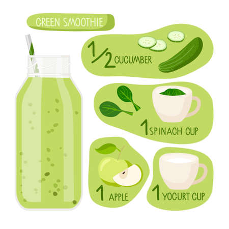 Green smoothie recipe. Glass smoothie bottle with ingredients. Food and drinks isolated on white. For menu, banner for healthy eating. Fresh energetic detox drink. Organic raw shake, healthy food.のイラスト素材
