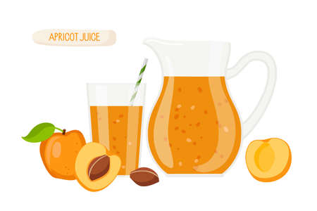 Apricot juice. Jug and glass of fresh orange drink, Fresh Apricot fruits whole and halves on white background. Healthy organic nutrition. Flat vector for summer design, lemonade, juice, logo.のイラスト素材