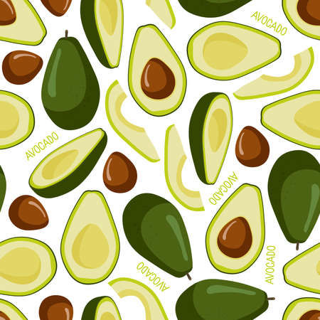 Avocado seamless pattern whole and sliced fruits. Organic health care products. Healthy nutrition product. For cosmetic, spa, massage, cooking textile, fabric, wrapping paper, wallpaper, scrapbooking.のイラスト素材