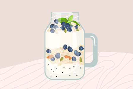 Granola parfait with yogurt, oat granola, fresh berries, nuts. Tasty healthy Breakfast in jar. Glass smoothie mug on wooden table. For menu healthy eating. Fresh energetic, Healthy superfood recipe.のイラスト素材