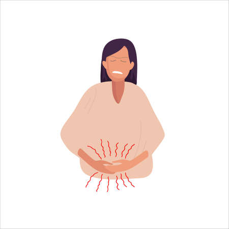 Period pain. Suffering from pain. Woman holds hand on belly zone. Female stomach pain. Diarrhea, constipation, period symptom. Menstrual cramps. Flat vector illustration. Physical injury collectionのイラスト素材