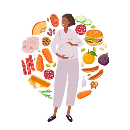 Choice of nutrition during pregnancy. Healthy food and Junk food. Diet Choice. Food for pregnant woman. Choose foods that are body useful. Healthy and unhealthy food during pregnancy conceptのイラスト素材