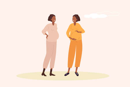 Two happy pregnant women walk. Cute smiling female characters are chatting. Two African American friends talk on walk. Waiting for boy or girl. Ladies in motherhood. Flat vector illustration isolated.のイラスト素材