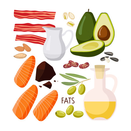 Food macronutrients. Rich in fat food set. High fat food isolated on white background. Olive, oil, avocado, fish, nuts, cream, bacon, dark chocolate. Nutrient complex diet vector infographic.のイラスト素材