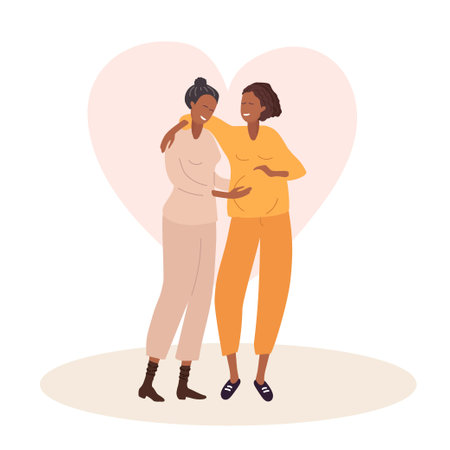 Homosexual couple waiting for baby. Two happy women embrace and smile. African American gay couple expecting baby. Motherhood happiness. LGBT, lesbian family Flat vector illustrationのイラスト素材