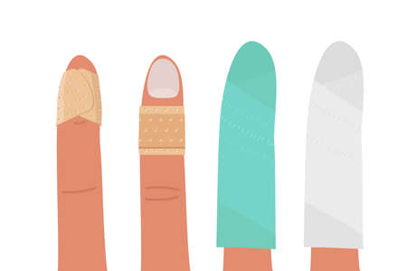 Physical injury. First aid for cuts. Injured bandaged fingers isolated on white background. Patch, bandage on finger. Dressings for minor injuries and cuts. Flat vector illustration. Home accidentsのイラスト素材