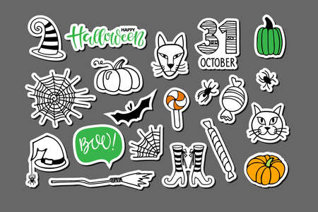 Happy Halloween sticker set. Isolated sticker pack on grey. Lettering, spider web, witch cat, bat, hat, spider, pumpkin, candy. Halloween elements for party decor, invitation, card, stickers, patches.のイラスト素材