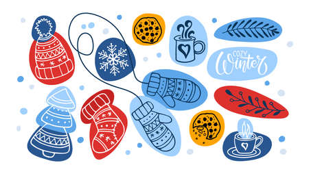 Winter doodle set. Cozy Winter text and Warm knitted accessories, Christmas tree, hot drinks,...