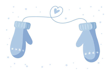 Winter frame with mittens and snowflakes on white background. Congratulatory New Year and Christmas frame with copy space for text, congratulations, invitations, monogram. Vector illustration.のイラスト素材