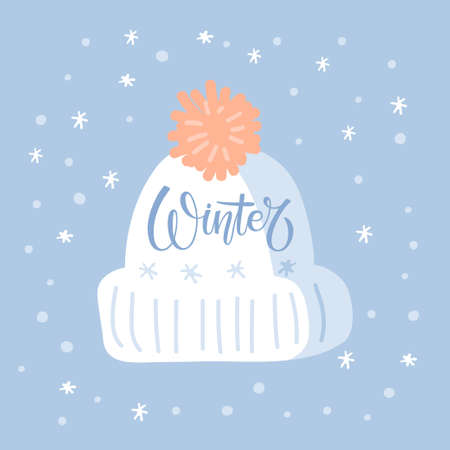 Christmas card Template with knitted winter hat with pompone on blue background. Christmas and new year congratulations. Christmas traditional postcard. Winter vector illustration in flat style.のイラスト素材