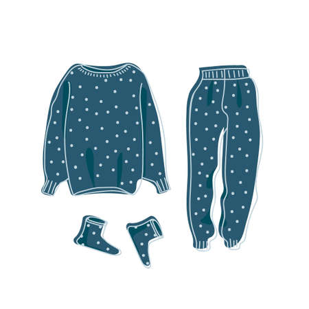 Pyjamas, blue cozy warm clothes for home. Warm sweatshirt, trousers, warm socks. Cozy warm Clothing for recreation. Linear Vector sketch icon isolated on white background. Seasonal Design element.のイラスト素材