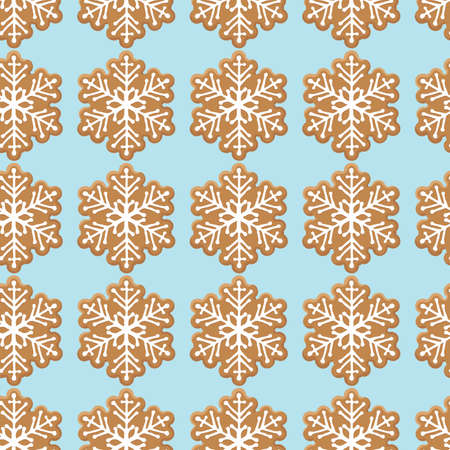 Seamless pattern with Gingerbread snowflake cookie on blue. Traditional Christmas bakingg. Winter Holiday symbol. Tasty cookie. Seasonal repeated background for textile, wrapping paper, wallpaperのイラスト素材