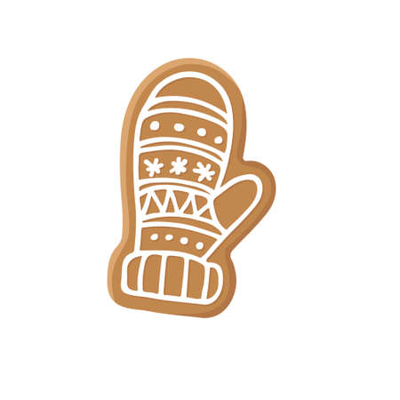 Gingerbread knitted mittens cookie. Traditional Christmas baking with glaze drawing. Winter Holiday symbol. Tasty homemade Christmas cookie. Flat vector isolated on white. Sweet baked dessert pastrie.のイラスト素材