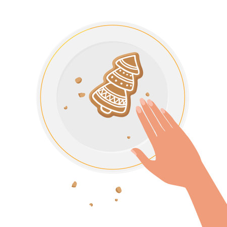 Hand going to take last cookie from circle plate. Traditional Gingerbread Christmas tree cookie and crumbs on white plate. Flat vector isolated on white. Sweet dessert, bakery, pastry for banner, cardのイラスト素材