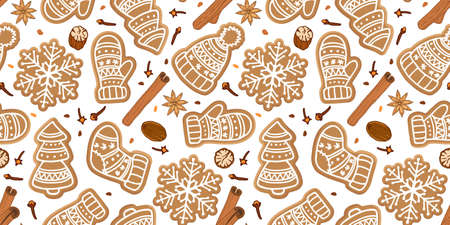 Seamless pattern with Gingerbread cookie and spices. Traditional snowflake, Christmas tree, mittens, sock baking, cinnamon, nutmeg, clove.のイラスト素材
