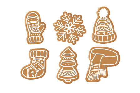 Set of Gingerbread cookies. Traditional Christmas baking with glaze drawing. Winter Holiday symbol. Tasty homemade Christmas cookie. Flat vector isolated on white. Sweet baked dessert pastrie.のイラスト素材