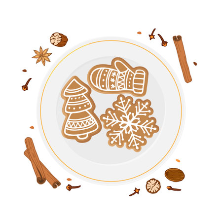 Christmas gingerbread cookies on white circle plate surrounded by spices, anise, cloves, cinnamon, nutmeg. Flat vector isolated on white. Sweet dessert, bakery, pastry for banner, cardのイラスト素材