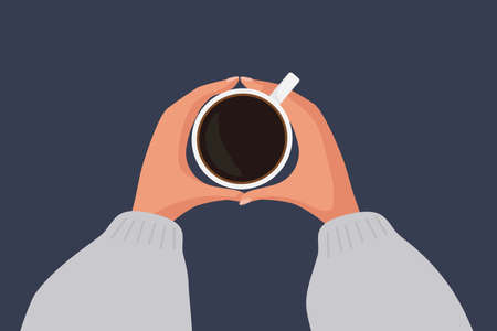 Two human hands with warm knitted sleeves holding cup of hot drink, Cocoa, coffee, tea mug. For Holiday banner, poster or card. Colorful Vector illustration in flat style on dark blue background.のイラスト素材