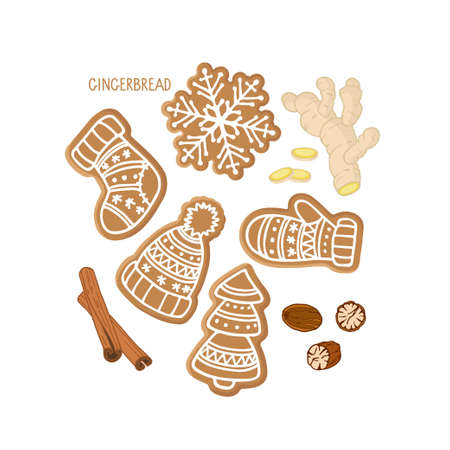 Set of Gingerbread cookies of various shapes and spices. Traditional Christmas baking with glaze drawing. Tasty homemade Christmas cookie. Flat vector isolated on white. Sweet baked dessert pastrie.のイラスト素材