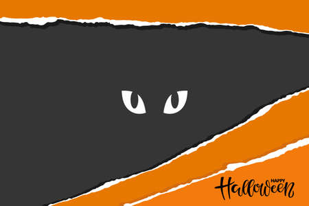Halloween background. White eyes in dark. Hand drawn Happy Halloween lettering, Black orange abstract flat vector Illustration for Festive frame, border, party poster, banner, cardのイラスト素材