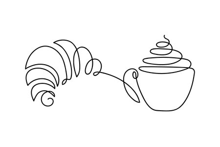 Continuous one line drawing croissant and creamy drink cup. Baking shop Logo concept. Abstract hand drawn pastries by one line. Traditional french breakfast. Fashionable trend vectorのイラスト素材
