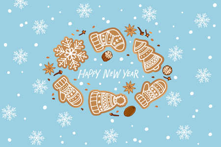 Happy New Year greeting card with Christmas gingerbread coocies on blue snowflakes background. Hand Drawn letterimg, Flat Vector illustration Colorful Winter Background.のイラスト素材