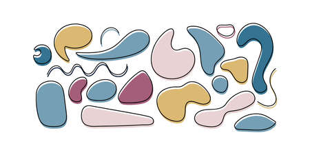 Abstract organic shape with outline set. Hand drawn various figures and colors. For web, advertisement, commercial banner, poster. Collection trendy halftone vector shapes and linesのイラスト素材