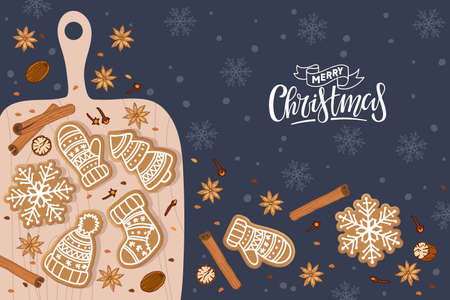 Merry Christmas card with Gingerbread cookies, cutting board and handwritten lettering. Traditional Christmas baking and spices on snowy dark blue background. Flat vector isolatedのイラスト素材