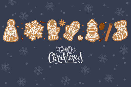 Merry Christmas card or banner with Gingerbread cookies border and handwritten lettering. Traditional Christmas baking with glaze drawing on snowy dark blue background. Flat vector isolated.のイラスト素材