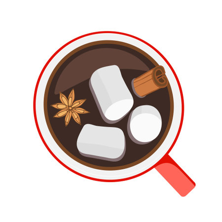 Hot Chocolate with marshmallow, cinnamon and anise. Flat Lay Hot drink in red cup. For Holiday banner, poster or card. Colorful Vector illustration in flat style on white background.のイラスト素材