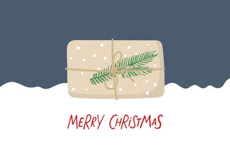 Merry Christmas card with gift box and handwritten lettering. Holiday banner, web poster, flyer, stylish brochure, greeting card, cover. Top view on dark blue background. Flat vector isolatedのイラスト素材