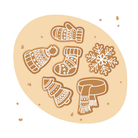 Set of Christmas homemade Gingerbread and honey cookies. Traditional Christmas baking with glaze drawing. Winter Holiday symbol. Food concept. Flat vector isolated on white. Sweet baked dessert.のイラスト素材
