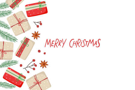 Merry Christmas card with gift boxes and spruce twigs, red berry, anise border and handwritten lettering. Christmas decorative frame of festive elements. Top view on white. Flat vector isolatedのイラスト素材