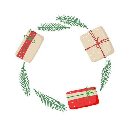 Christmas frame, wreath with gift boxes and spruce twigs. Christmas decorative frame of festive elements. Round frame with copy space. Top view on white. Flat vector isolatedのイラスト素材
