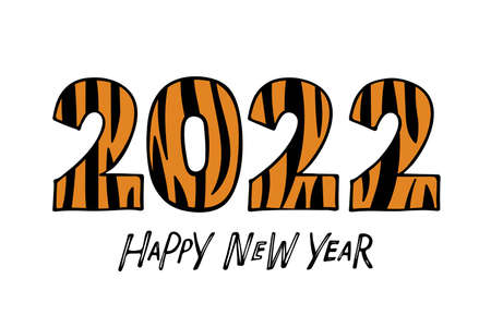 Happy New Year 2022. Number 2022. Tiger skin pattern. Black and orange Hand drawn vector...
