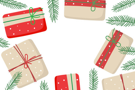 Christmas or Happy New Year frame with gift boxes and spruce twigs. Christmas decorative frame of festive elements. Frame with copy space. Top view on white. Flat vector isolatedのイラスト素材