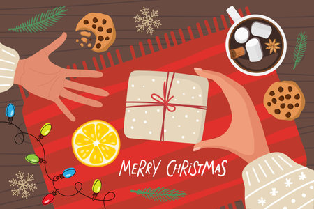 Baby hand taking gift. Mom gives Christmas present to child. Gift Transfer. Two human hands with warm knitted sleeves on festive background For Holiday banner, poster or card. Flat Vector illustrationのイラスト素材