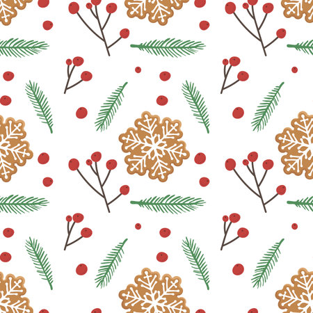 Christmas Seamless pattern with gingerbread snowflake shape cookies, spruce twig, red berries. Template for holiday menu, fabric and wrapping paper. Repeated background for textile, wallpaperのイラスト素材
