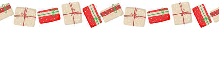 Christmas or Happy New Year border with copy space. Seamless frame with gift boxes. Christmas decorative frame of festive elements. Top view on white background. Flat vector isolated illustration.のイラスト素材