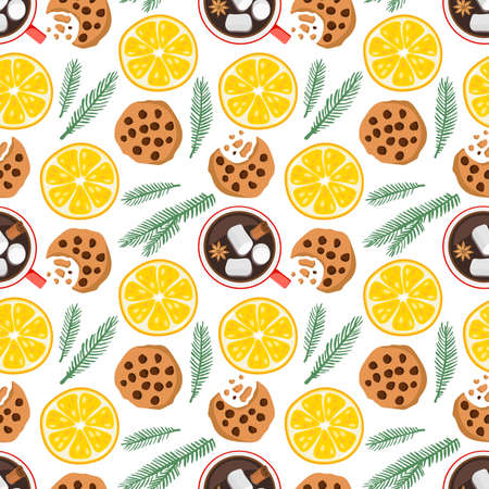 Winter Seamless pattern. Repeated background with hot chocolate cup, cookies, orange slice, spruce...